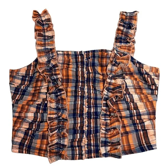 Verb by Pallavi Singhee x Anthropologie Ruffled Plaid Top Smocked Orange Medium - Picture 4 of 15